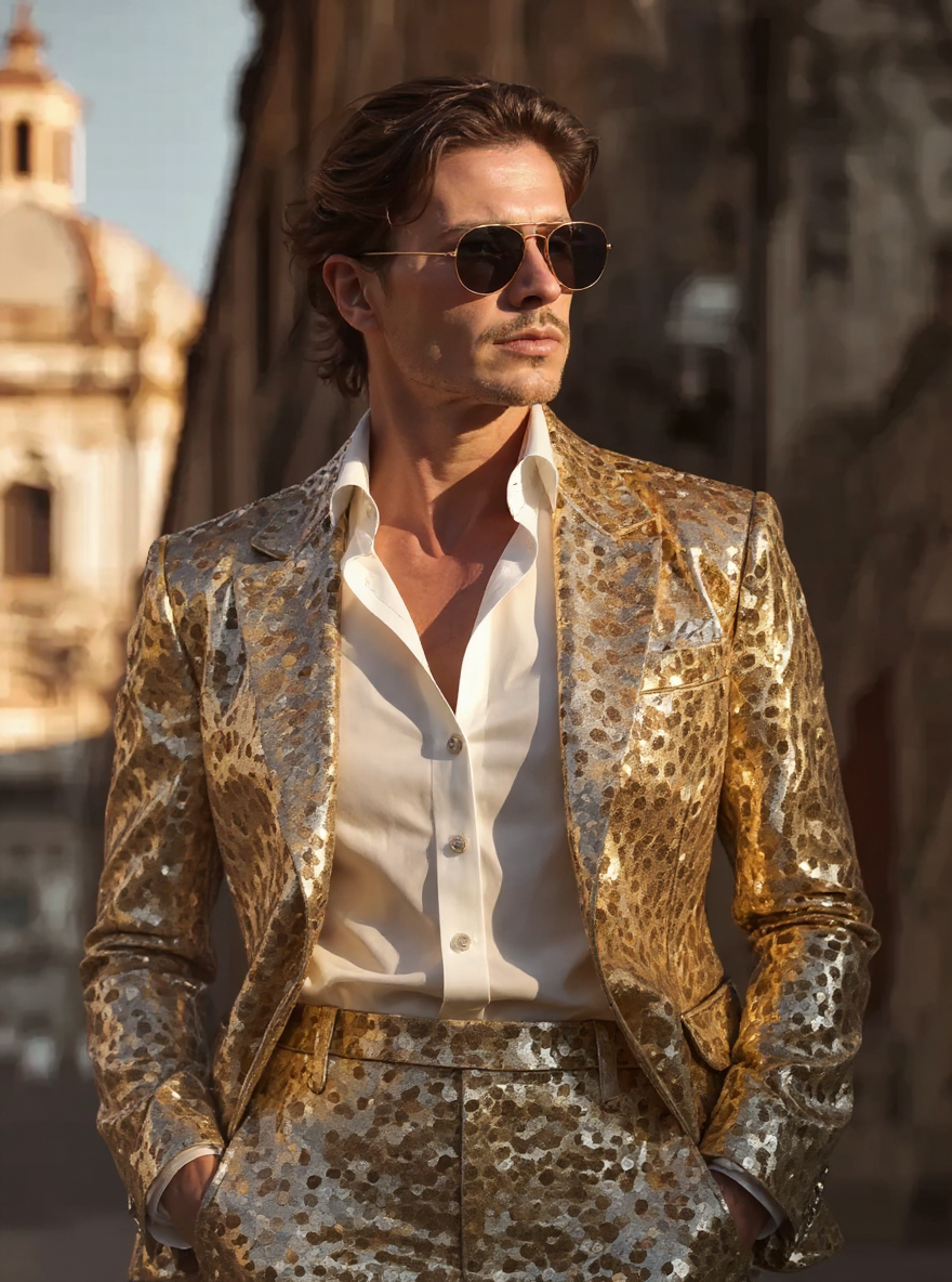 flux-context.com, flux kontext, style: none, prompt: Dress the model in the clothes I want, a golden star-studded sequined suit