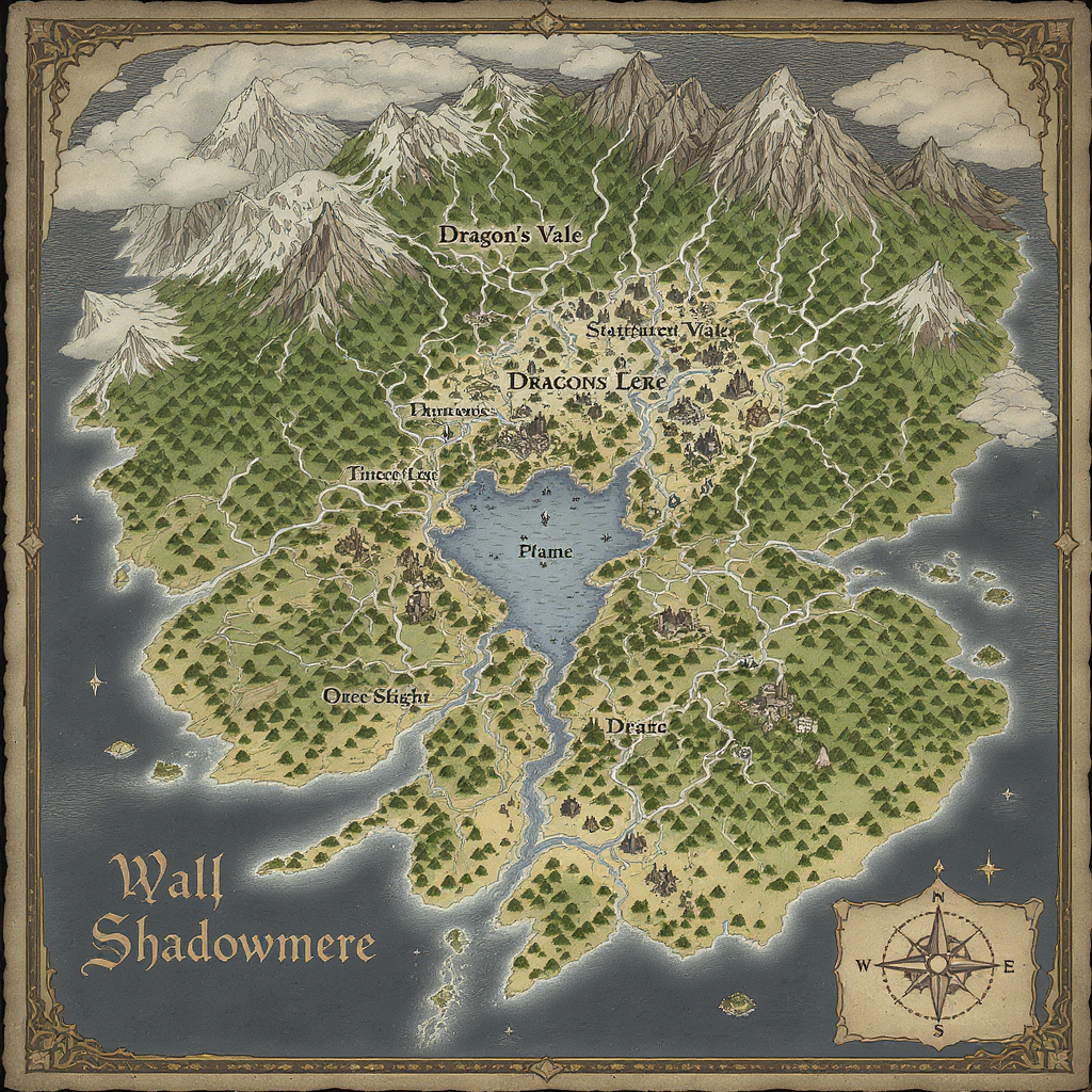 flux-context.com, flux kontext, style: none, prompt: A hand-drawn style D&D fantasy map featuring a diverse landscape with rugged mountains, dense forests, winding rivers, and scattered isiands. The map includes labeled regions with names like Dragon's Vale' and 'shadowmere a central lake, and a compass rose In the comer. Paths connect various points of interest, such as a castle, a ruined temple, and a dragon lair. The color palette uses earthy greens, browns, and blues, with on ornate border and a medieval aesthetic.