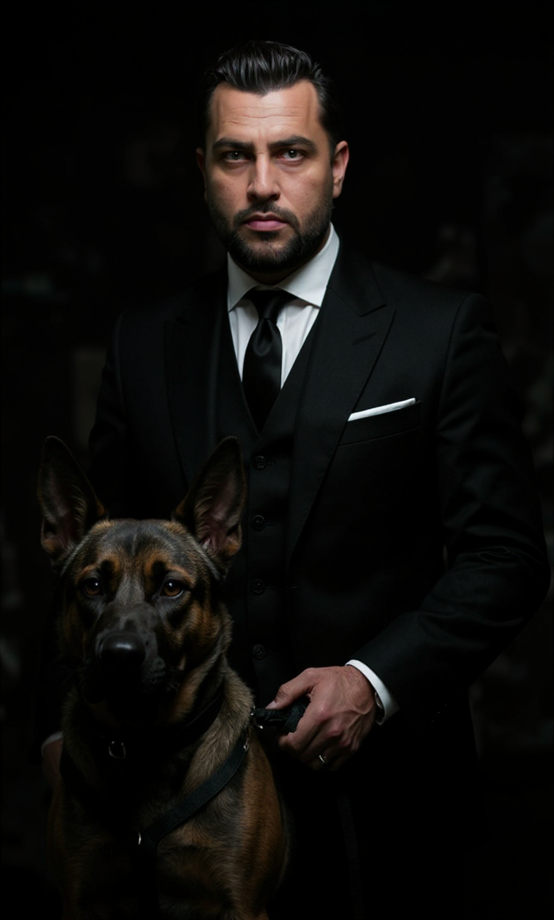 flux-context.com, flux kontext, style: none, prompt: A realistic, cinematic portrait of a mafia-style man standing confidently, holding a military grade large dog (like a Belgian Malinois or Doberman) on a strong leash. The scene is shot from the front with a straight-on camera angle. Both the man and the dog are looking directly into the camera with intense expressions. The man wears a sleek black suit with subtle luxury details, and a cold demeanor. The background is inspired by peaky blinders dark shots or blurred background to keep focus on the subjects. Dramatic lighting and sharp shadows emphasize a gritty, powerful mood. Ultra-realistic style, high detail, 8K resolution.
