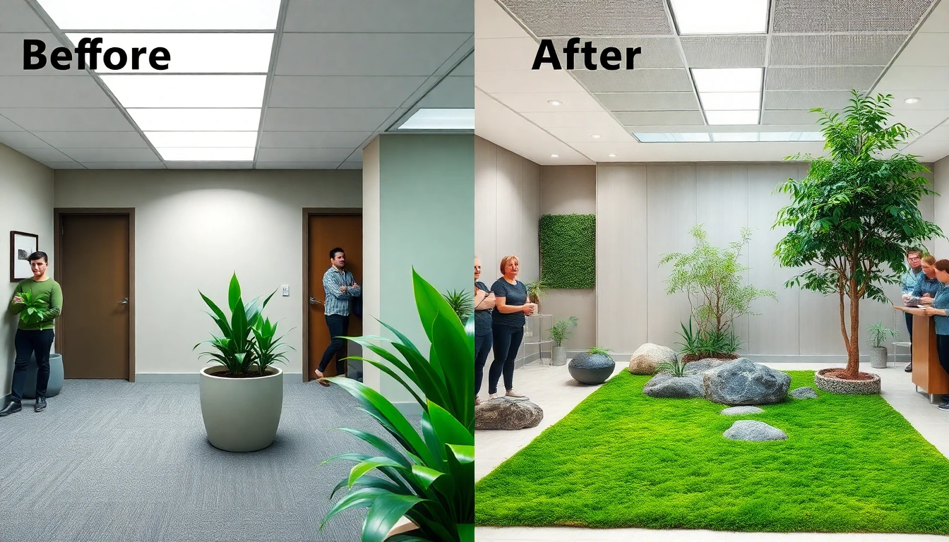 flux-context.com, flux kontext, style: text to image, prompt: A realistic before and after image of the same space located in the office of a corporate building. Before image: sad and depressing receiver, with no light and no plants, and one person depressed. After image: same receiver now decorated with a planter, in a square space with little electric lighting, with some rocks covered with moss carpet, some ferns and vegetation. It has one medium-sized tree. Vibrant and tranquil ambiance. Some people looks happy.