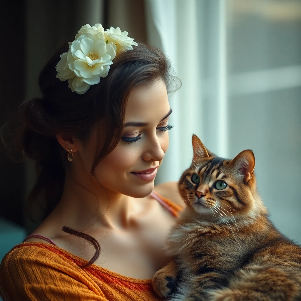 flux-context.com, flux kontext, style: text to image, prompt: A beautiful woman with a cat