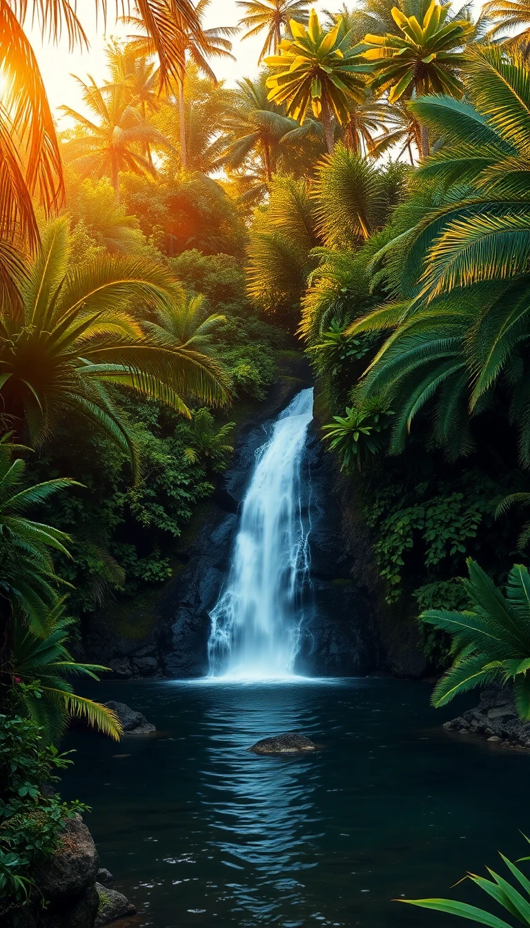flux-context.com, flux kontext, style: text to image, prompt: A serene waterfall in a tropical jungle, golden hour lighting, vibrant greenery, photorealistic.