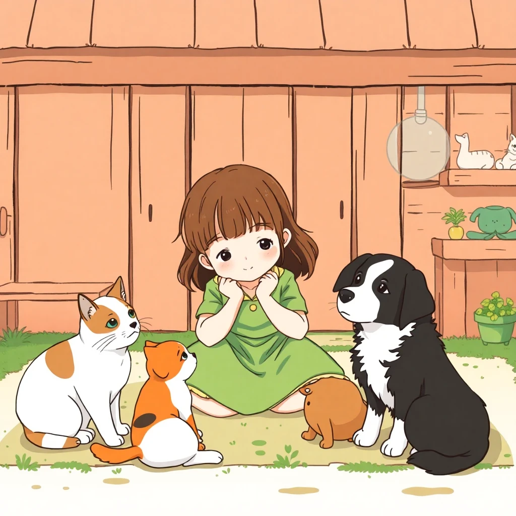 flux-context.com, flux kontext, style: text to image, prompt: Ghibli style, a little girl playing with a cat and two dogs 