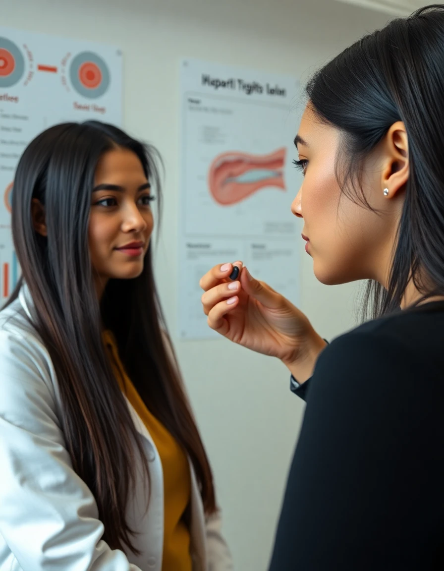 flux-context.com, flux kontext, style: text to image, prompt: Hyper-realistic image of a Mujet Latina with long, straight black hair, she is an audiologist and she checks a teenage female patient with hearing aids in her office, in the background there is a wall with infographics of the ear