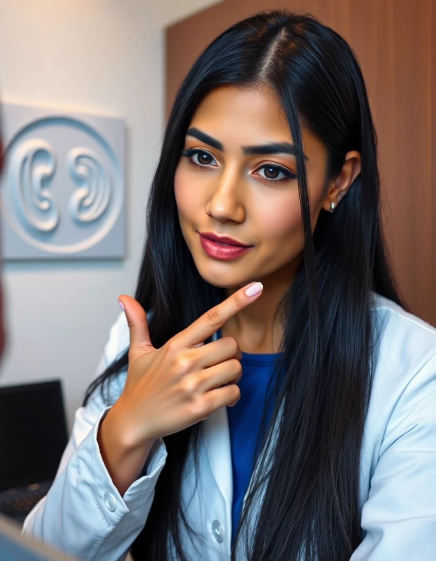 flux-context.com, flux kontext, style: text to image, prompt: Hyperrealistic image of UA Mujet Latina Long, straight black hair, she is an audiologist and she checks a patient with hearing aids in her office, in the background there is a wall with the embossed icon of a hearing system