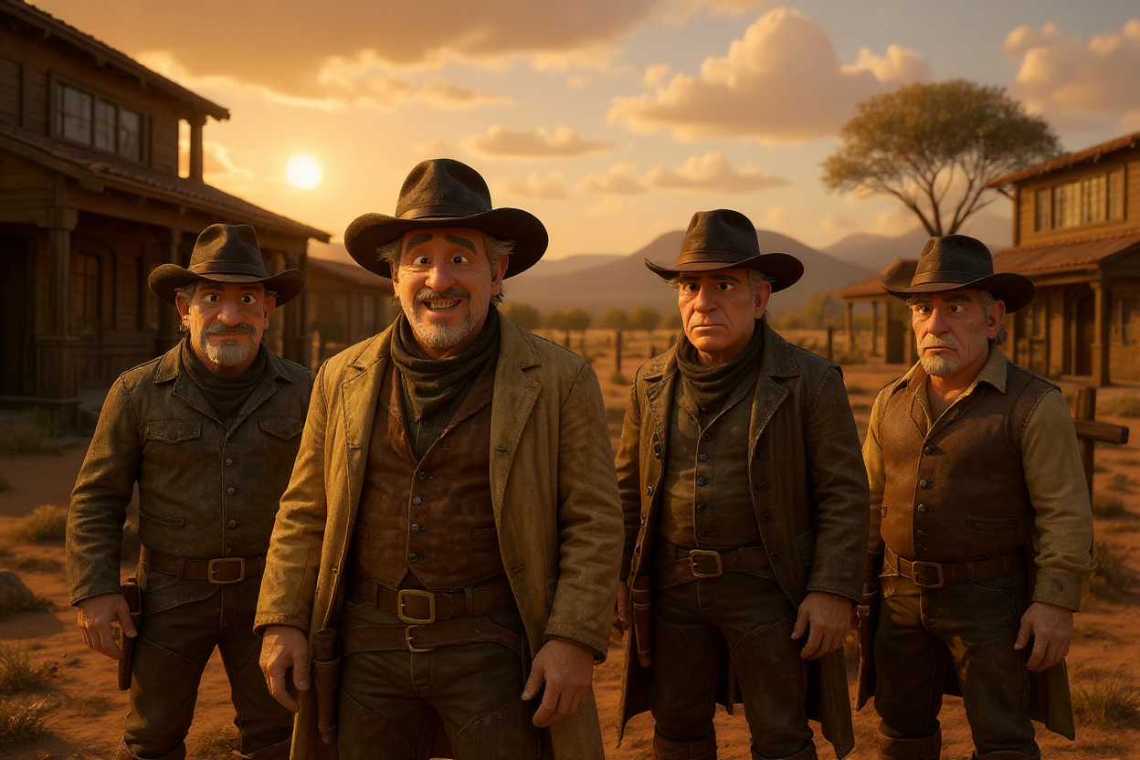 www.flux-context.com, prompt: 19:28

ChatGPT

:

con figuras en 3D:

اس

32

Prompt en inglés:

Create a detailed 3D scene in the style of marvel animation, featuring a group of Old West outlaws. The characters should have expressive cartoon-like faces, exaggerated features, and wear classic western outfits-cowboy hats, bandanas, leather vests, boots with spurs. The environment should include a dusty frontier town with wooden buildings, saloons, and a golden sunset in the background. Use warm, cinematic lighting, smooth textures, and a dramatic yet family-friendly tone. The image should resemble a still from a Pixar movie, with rich colors and emotional storytelling.

