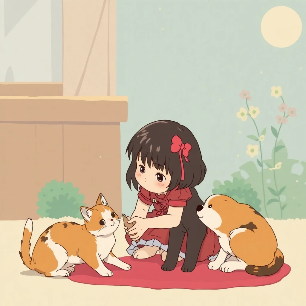 flux-context.com, flux kontext, style: text to image, prompt: Ghibli style, a little girl playing with a cat and a dog