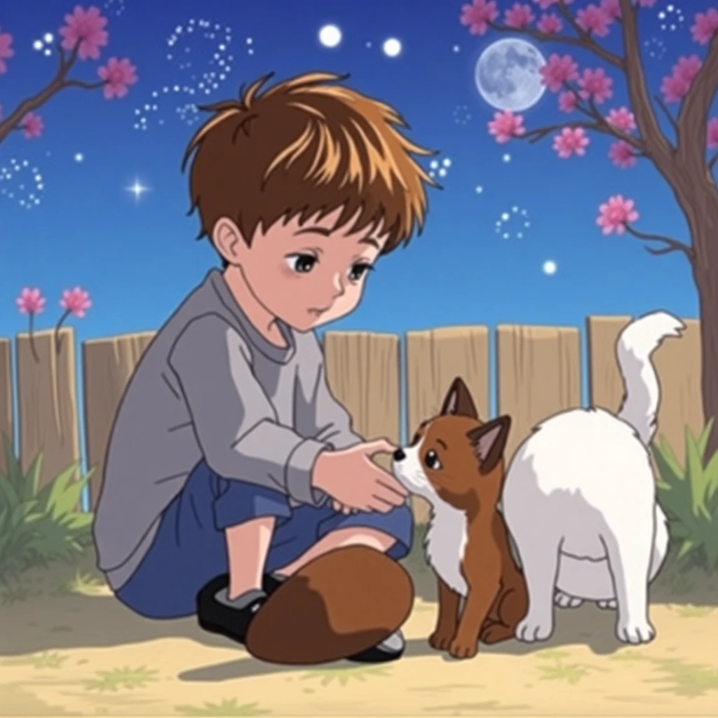 flux-context.com, flux kontext, style: text to image, prompt: In Ghibli style, a little boy is playing with a cat and a dog