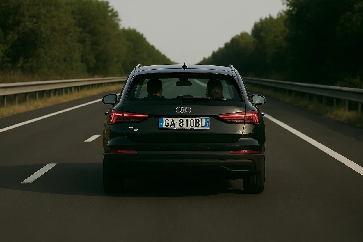 flux-context.com, flux kontext, style: none, prompt: Show this car in the distance with a man driving and a woman next to him in a loving attitude