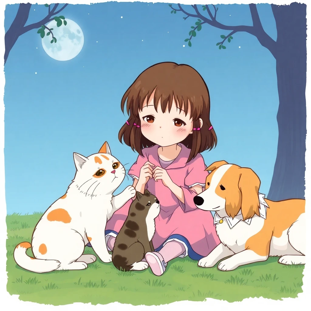 flux-context.com, flux kontext, style: text to image, prompt: Ghibli style, a little girl playing with a cat and 2 dogs 
