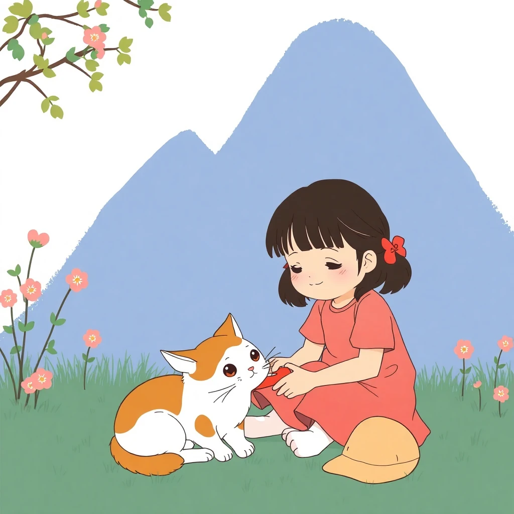 flux-context.com, flux kontext, style: text to image, prompt: Ghibli style, a little girl playing with a cat and a dog 1