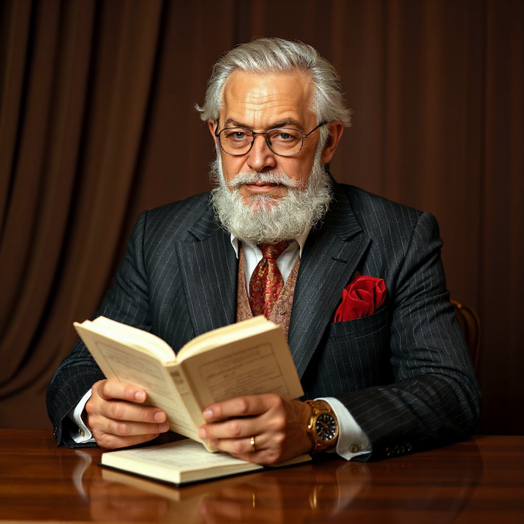 www.flux-context.com, prompt: A man is sitting at a table and reading  a book