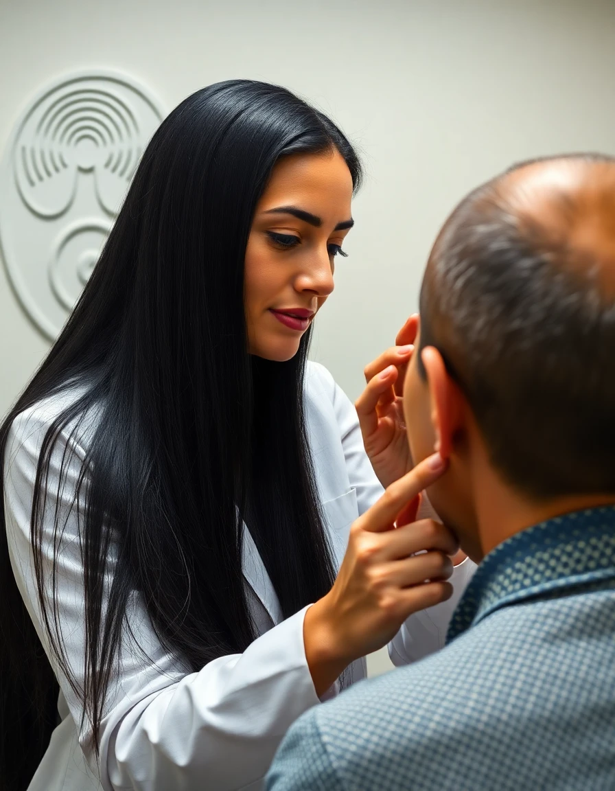 flux-context.com, flux kontext, style: text to image, prompt: Hyperrealistic image of UA Mujet Latina Long, straight black hair, she is an audiologist and she checks a patient with hearing aids in her office, in the background there is a wall with the embossed icon of a hearing system