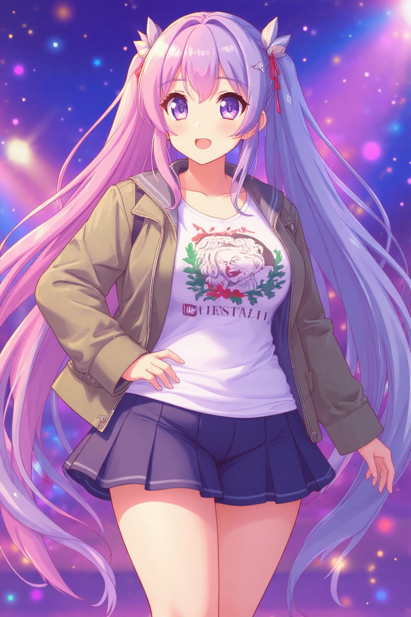 flux-context.com, flux kontext, style: virtual idol vtuber style, prompt: Convert the original person into a virtual idol-style anime character: large sparkly eyes, small mouth, fair flawless skin, exaggeratedly perfect facial proportions, colorful dyed hair (e.g., pink, blue, lavender), and stylish futuristic or school-uniform outfit. Use vibrant lighting, soft cel-shading or 3D anime style, vivid background, idol-like expression.
