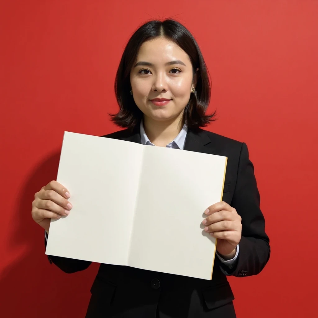 flux-context.com, flux kontext, style: none, prompt: The character is replaced by a young female lawyer, the paper in her hand is changed to blank without words, and the background is changed to red