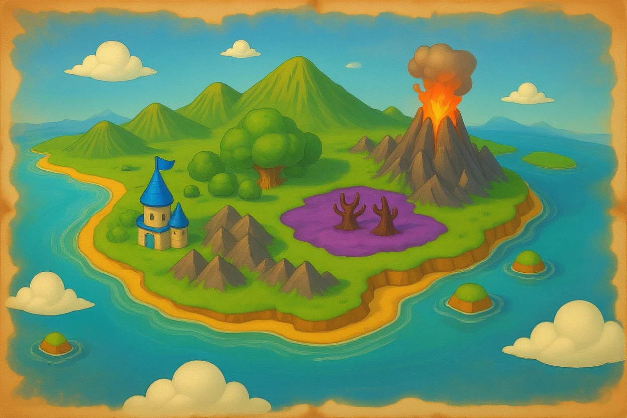 flux-context.com, flux kontext, style: none, prompt: Modified to a world map style suitable for casual fantasy games

The size of the castle is half as small as it is now.

Added a mountain range surrounding the northern outskirts of the continent