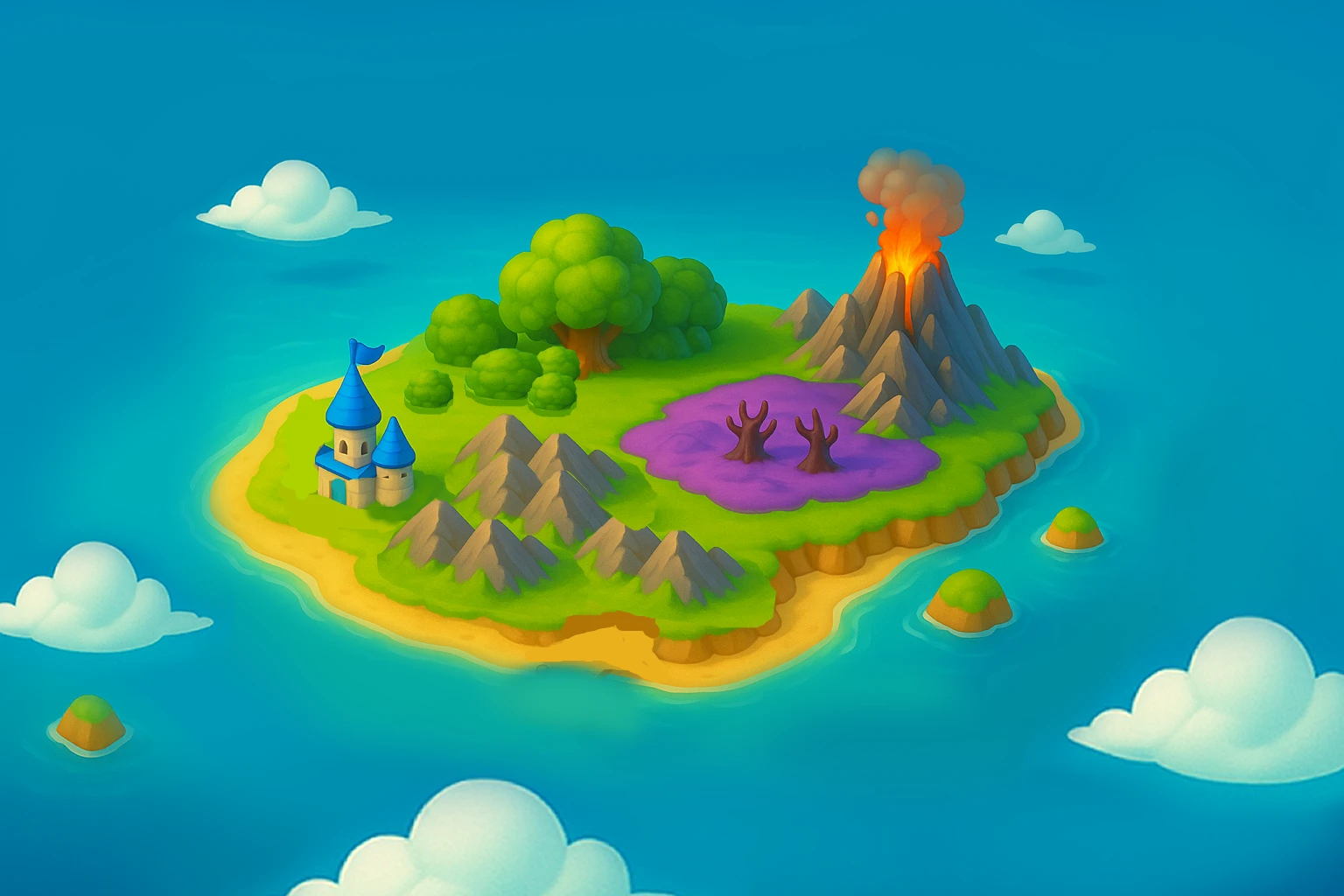AI Generated Image - Modify the art style with graphics suitable for casual fantasy games
The size of the castle is half as small as it is now.